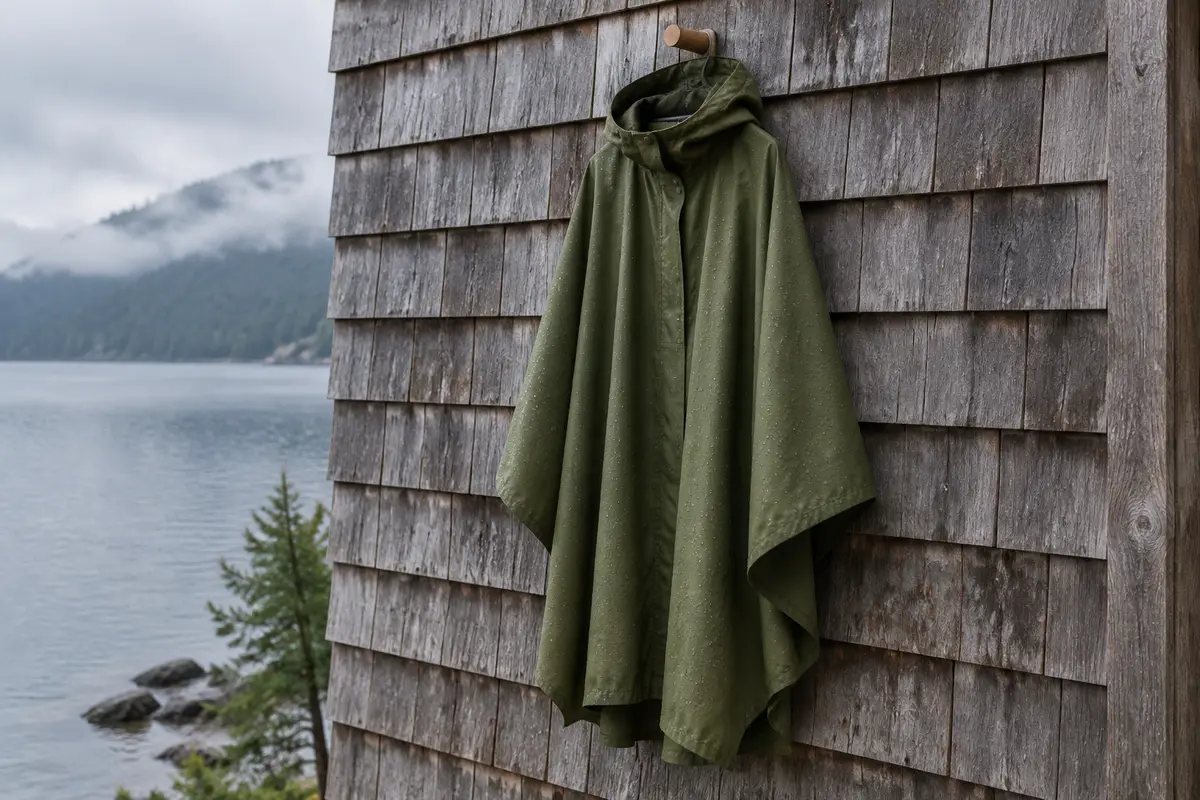 Capa de lluvia larga verde musgo con capucha, colgada en una pared de tejuelas con el lago de fondo