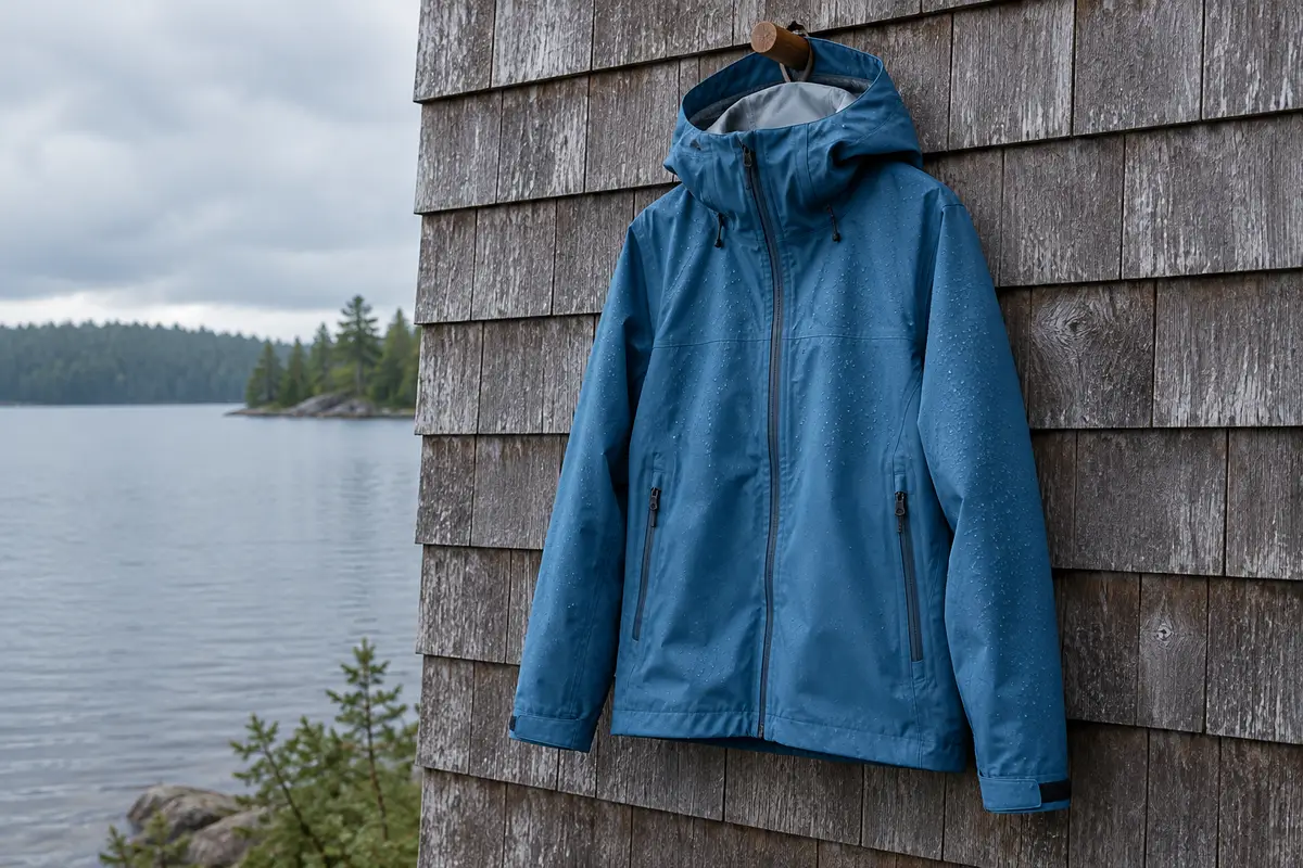Chaqueta para lluvia de tres capas color azul lago, con capucha, colgada en una pared de tejuelas junto al lago
