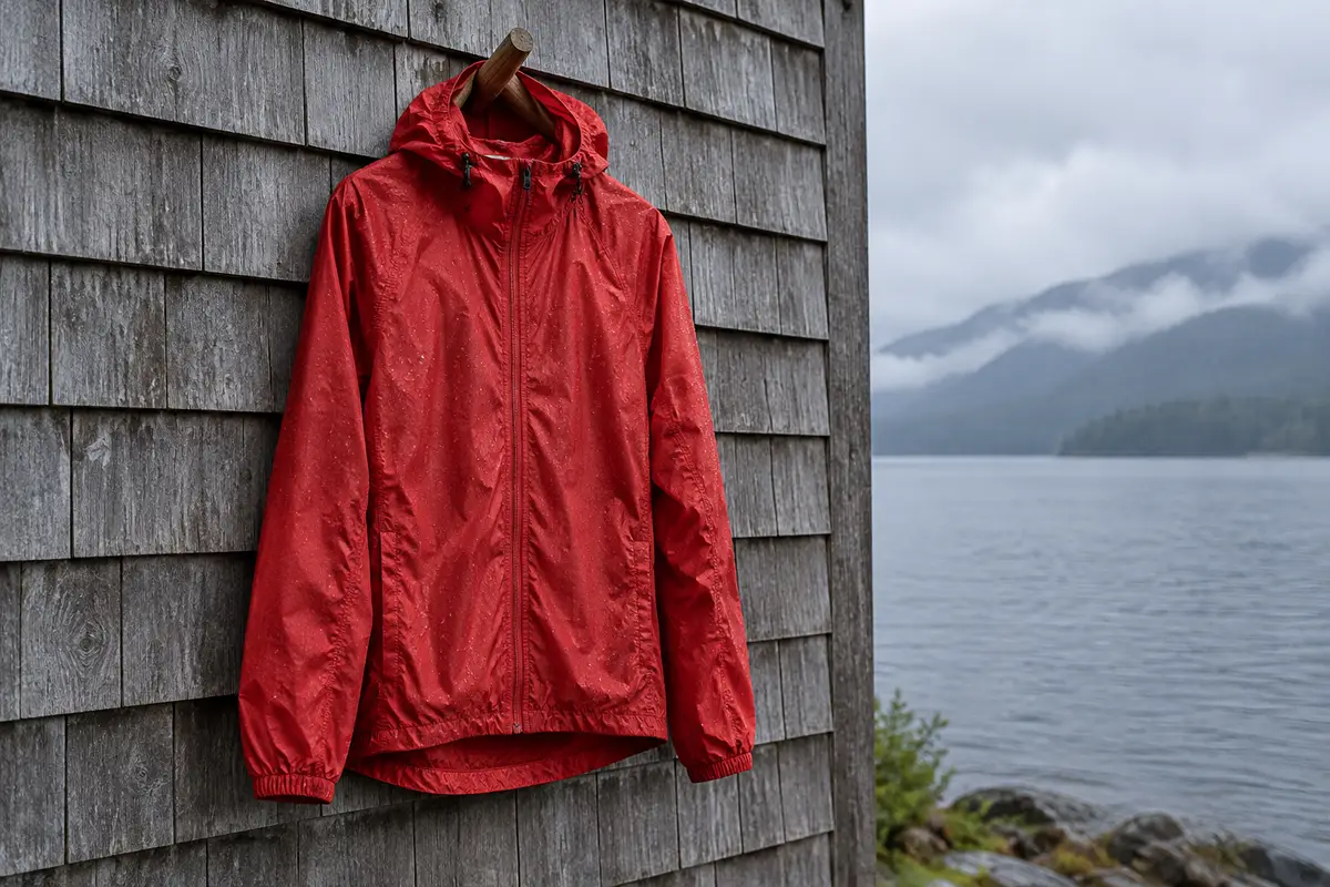 Cortavientos liviano plegable rojo con capucha, colgado en una pared de tejuelas frente al lago