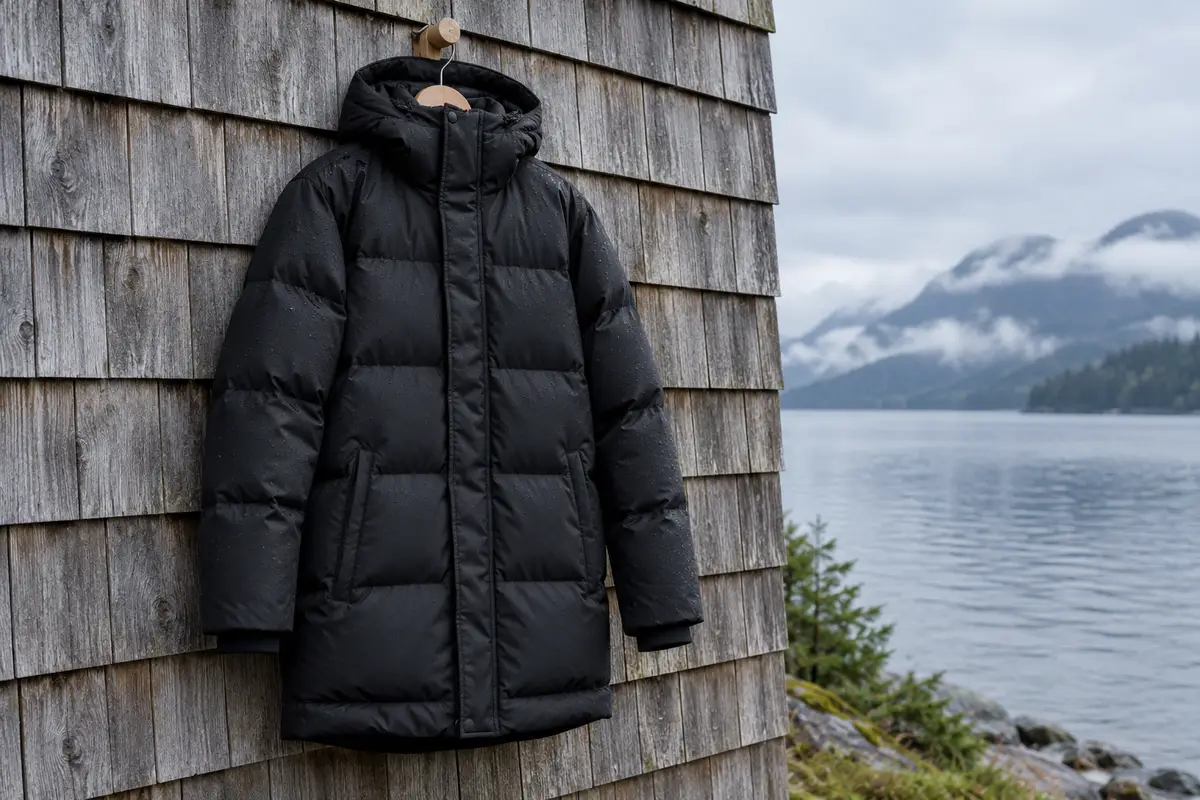 Parka acolchada negra de relleno sintético con capucha, colgada en una pared de tejuelas con el lago de fondo