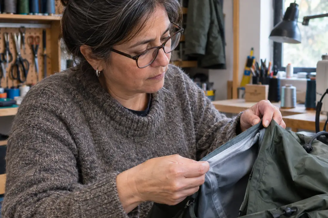 Carolina Barrientos revisa la costura interior de una chaqueta verde en el taller de la tienda