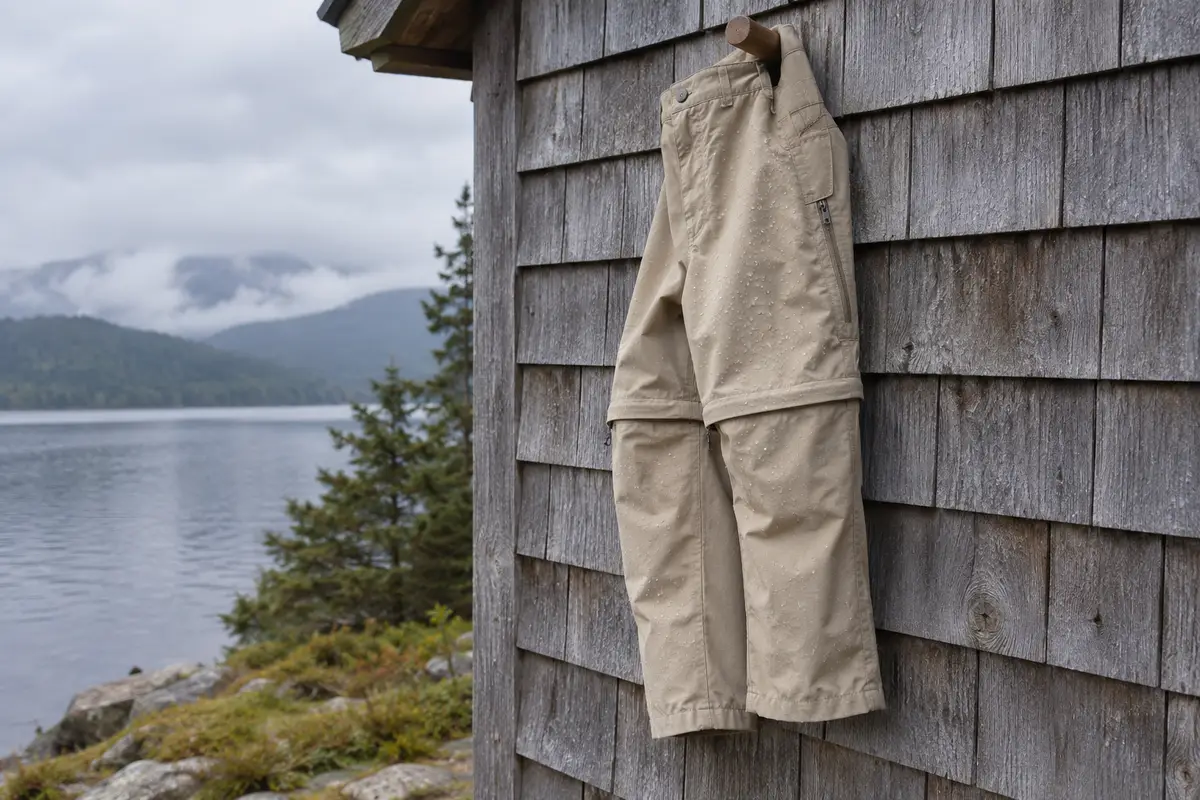 Pantalón de trekking convertible color arena con cierre sobre la rodilla, colgado en una pared de tejuelas junto al lago